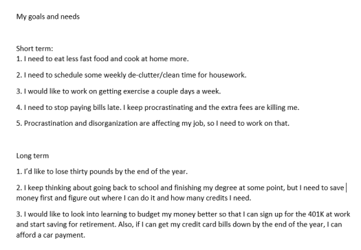 Sample short and long term goals